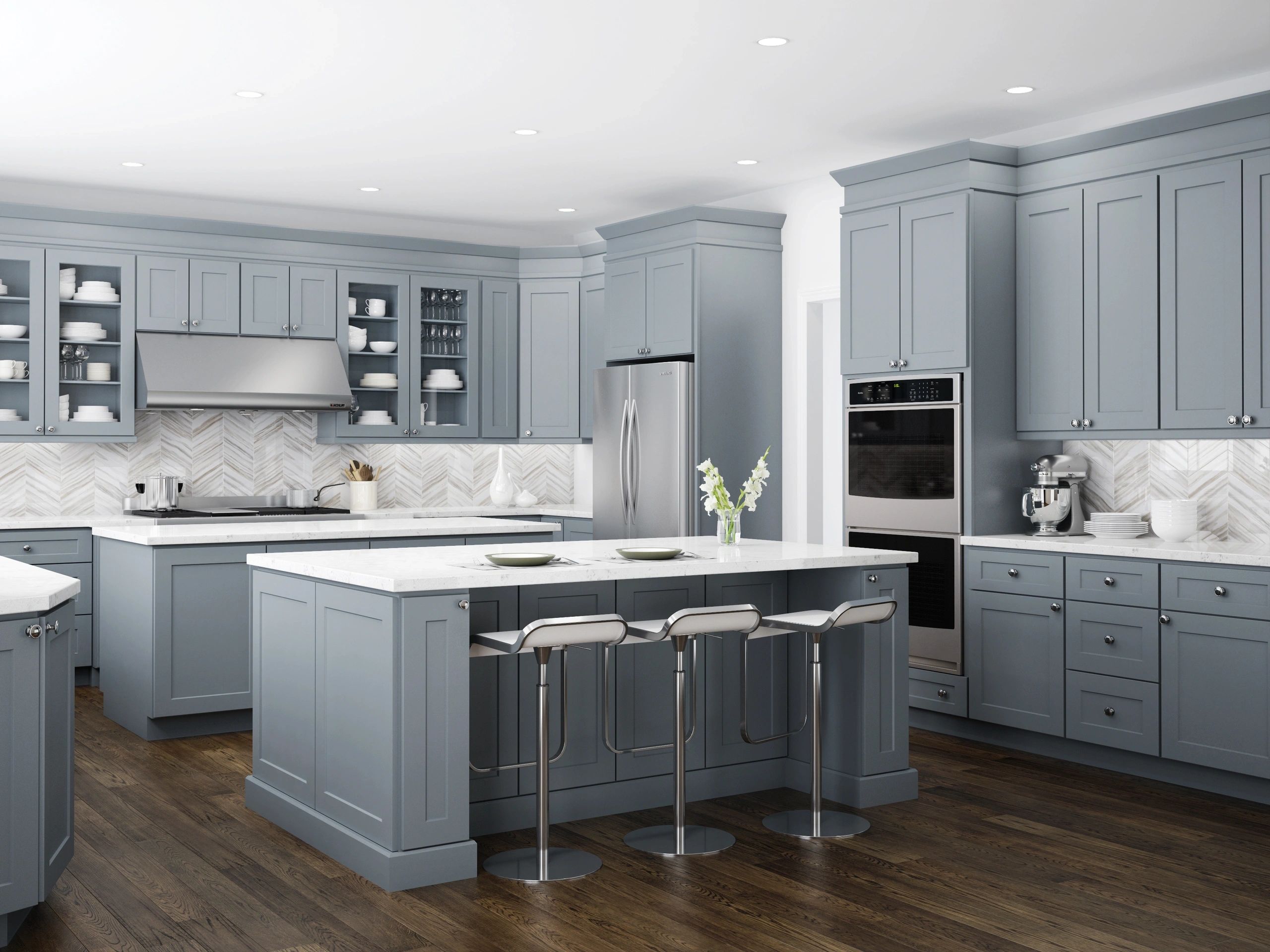 Gray JSI kitchen cabinetry shown by Viking