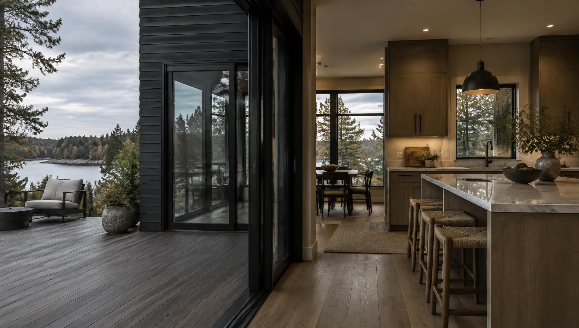 Architectural material study featuring siding, windows, cabinetry, flooring, and decking
